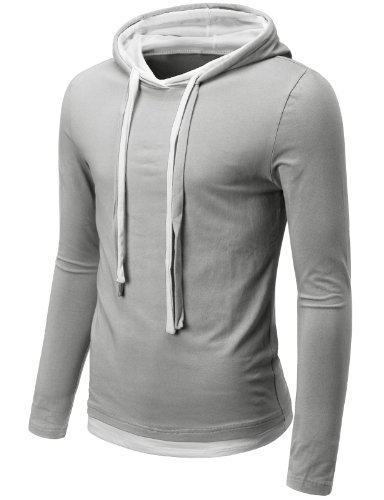 Doublju Mens Hood Pull-over with Contrast String