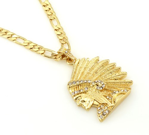 Hip-Hop Iced Gold Tone Indian Chief Pendant Necklace Free 24″ chain