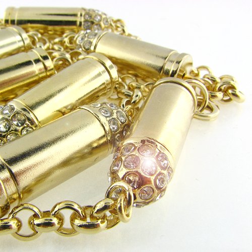 New 7mm 38″ 14k Gold Plated Nickel & Lead Free Solid Brass Hip Hop Bullet Chain with Rhinestones Necklace