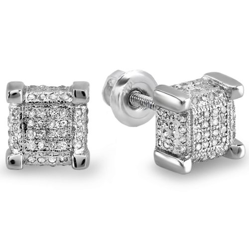 0.33 Carat (ctw) Sterling Silver Real Diamond Dice Shaped Hip Hop Mens Cube Earrings 1/3 CT