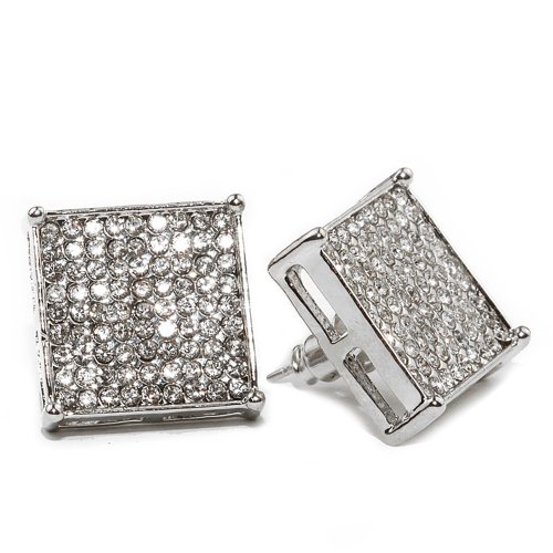 20MM ICED OUT CUSTOM DIAMOND SIMULATE HIP HOP BLING PAVE SQUARE STUD SILVER EARRINGS