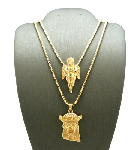 New JESUS & ANGEL Micro Pendant &24″ & 30″ Box Chain Hip Hop Necklace Set RC132G