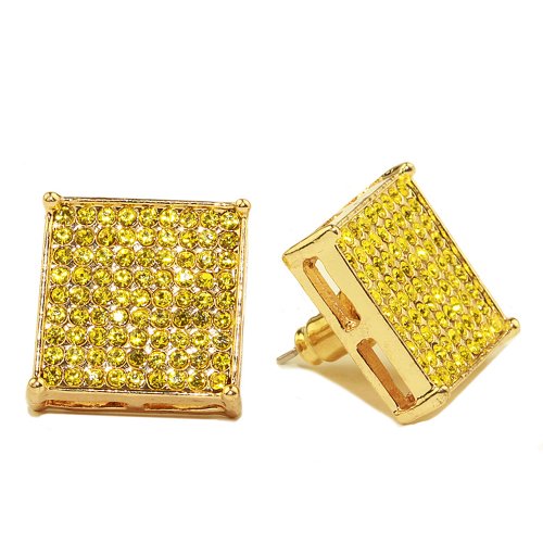 20MM ICED OUT CUSTOM DIAMOND SIMULATE HIP HOP BLING PAVE SQUARE STUD YELLOW EARRINGS