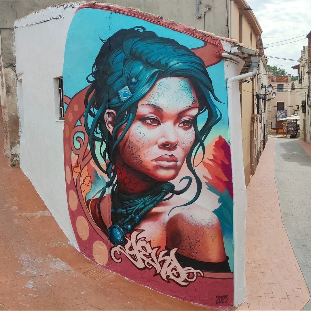 3 Photos of Mural by YΣΚΘ in Alfafara, Spain for Art-Fafara Art-Street Festival